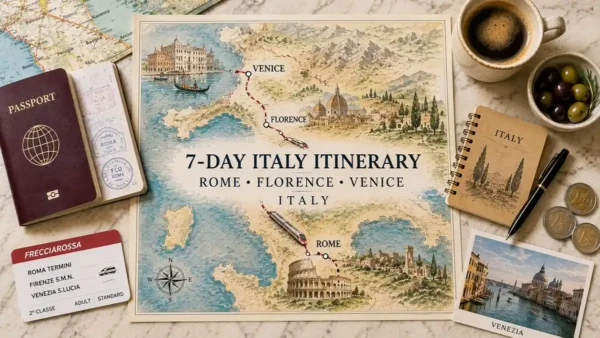 Flat lay of a 7-day Italy itinerary map with passport, train ticket, espresso, olives, notebook and Venice postcard.