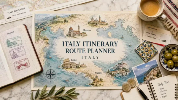 Flat lay of an Italy itinerary map with passport, coffee, train ticket, coins and Amalfi Coast postcard.