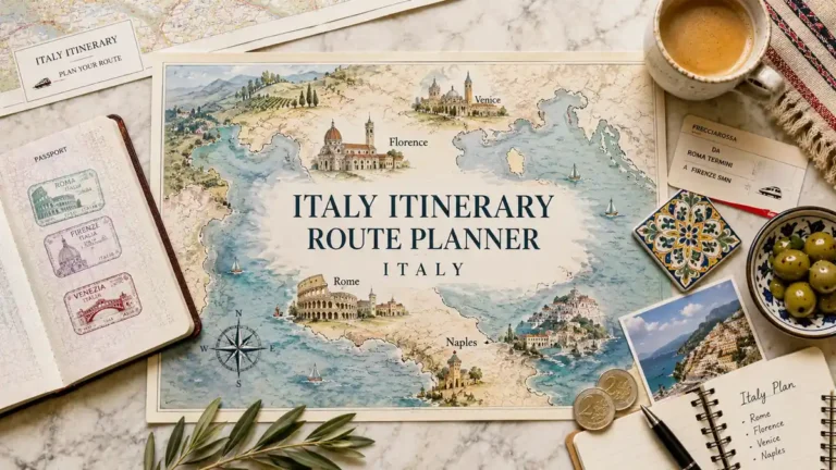 Flat lay of an Italy itinerary map with passport, coffee, train ticket, coins and Amalfi Coast postcard.