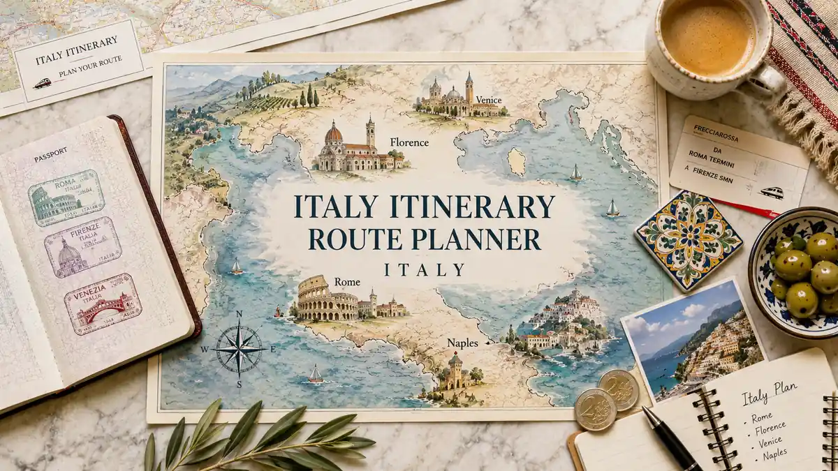 Flat lay of an Italy itinerary map with passport, coffee, train ticket, coins and Amalfi Coast postcard.