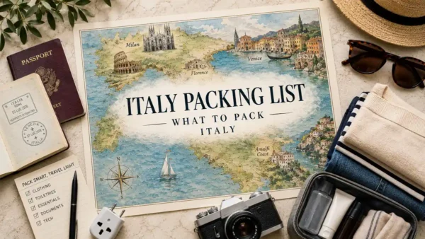 Flat lay Italy map with passport, packing checklist, folded clothes, adapter, and travel toiletries.