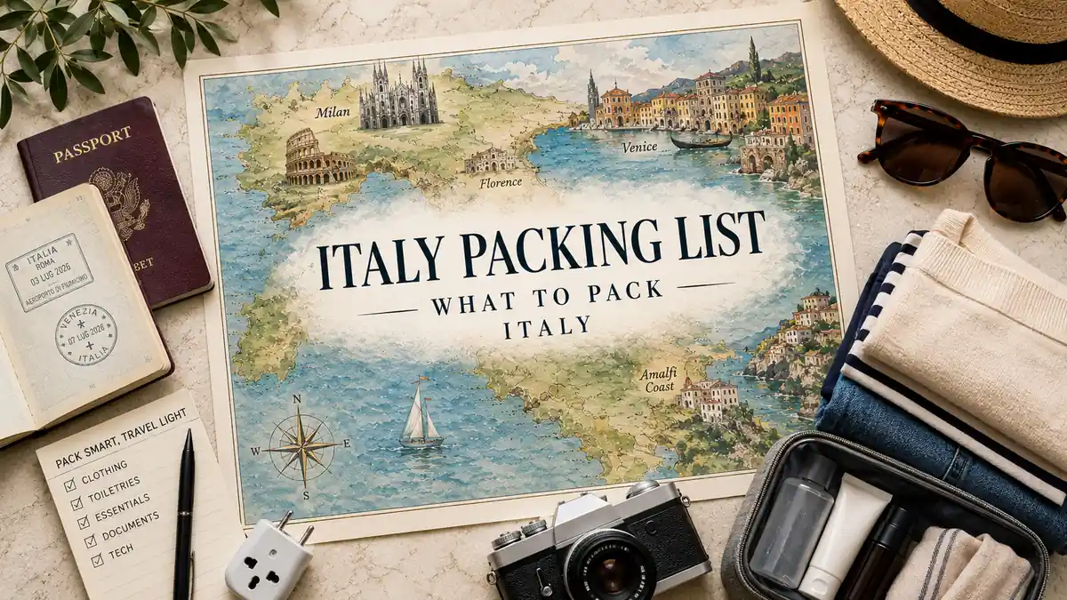 Italy Packing List: What to Bring for Every Season 2 Flat lay Italy map with passport, packing checklist, folded clothes, adapter, and travel toiletries.