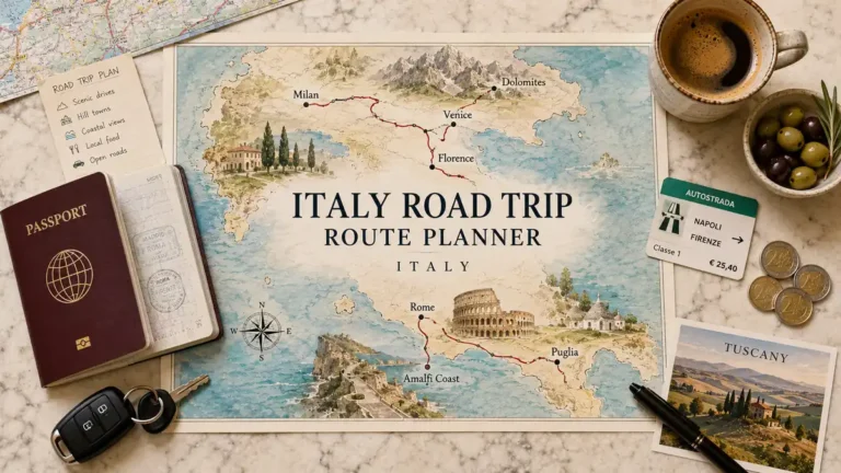 Flat lay of an Italy road trip map with passport, car key, toll card, coffee, coins and Tuscany postcard.