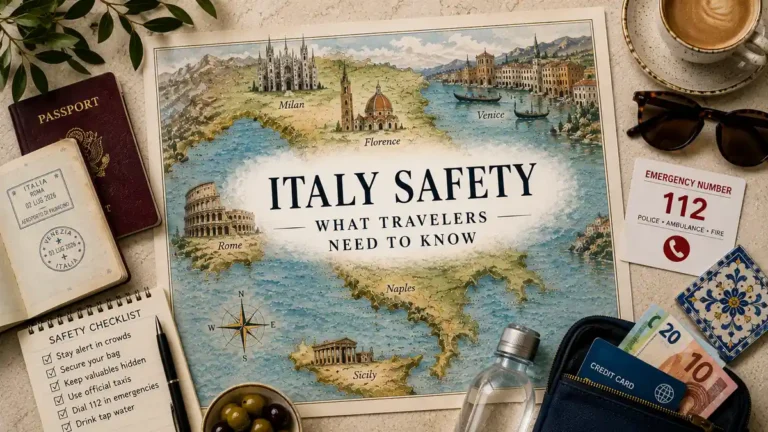 Flat lay Italy safety map with passport, checklist, emergency card, cash, and travel bag.