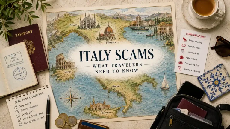 Flat lay Italy scams map with passport, safety checklist, coins, phone, and travel bag.