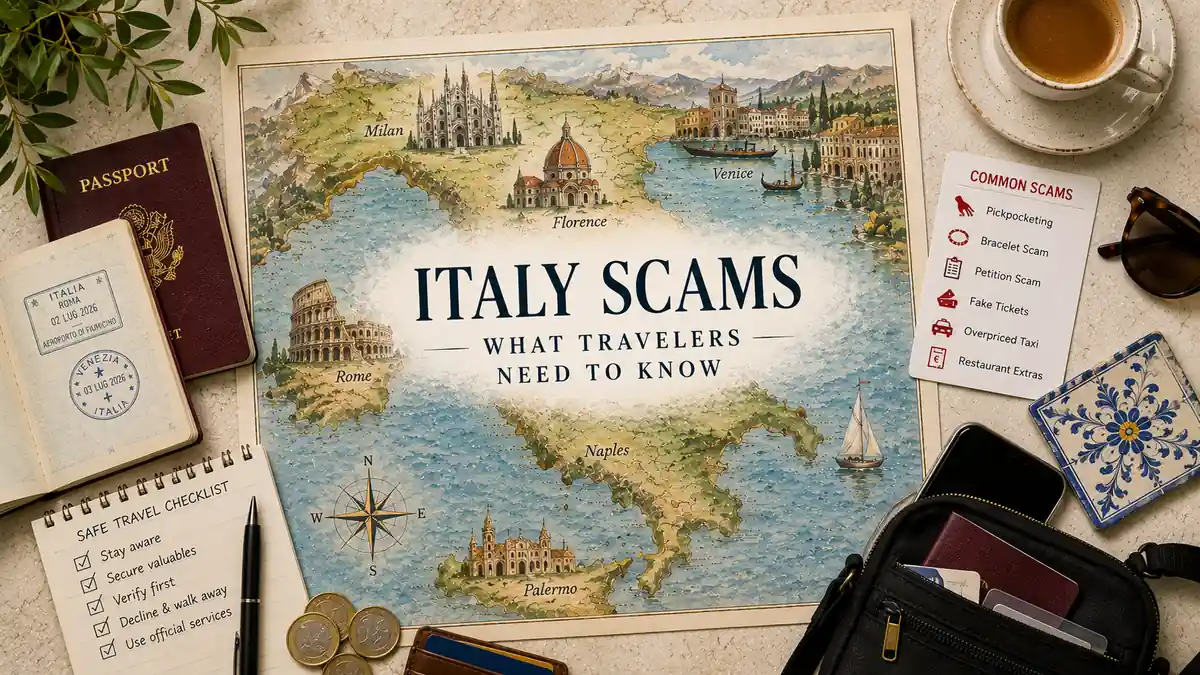 Common Tourist Scams in Italy and How to Avoid Them 2 Flat lay Italy scams map with passport, safety checklist, coins, phone, and travel bag.