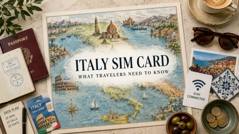 Flat lay Italy map with passport, SIM card, phone connectivity card, and travel data plan.