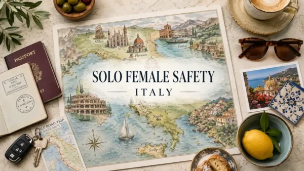 Flat lay Italy map with passport and travel planning items for solo female safety.