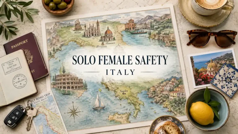 Flat lay Italy map with passport and travel planning items for solo female safety.