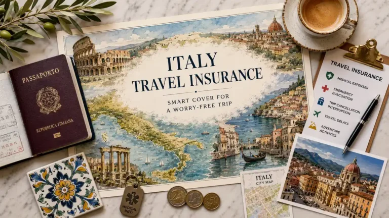 Overhead Italy travel insurance flat lay with an illustrated country map, passport, coverage checklist, espresso, medical tag, euro coins, and city postcard.