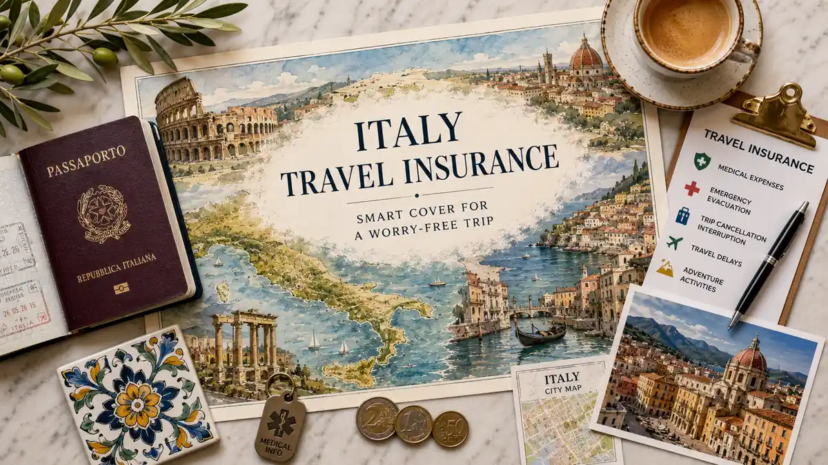 Italy Travel Insurance: What Cover You Actually Need 2 Overhead Italy travel insurance flat lay with an illustrated country map, passport, coverage checklist, espresso, medical tag, euro coins, and city postcard.