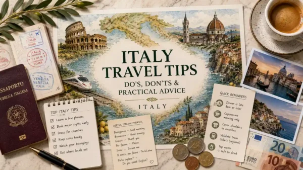 Flat lay Italy travel tips map poster with passport, espresso, phrase card, reminders, coins, and euro notes.