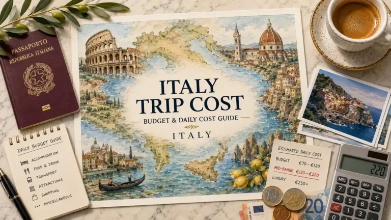 How Much Does a Trip to Italy Cost? 6 Flat lay Italy trip cost map poster with passport, espresso, budget notes, coins, and calculator.