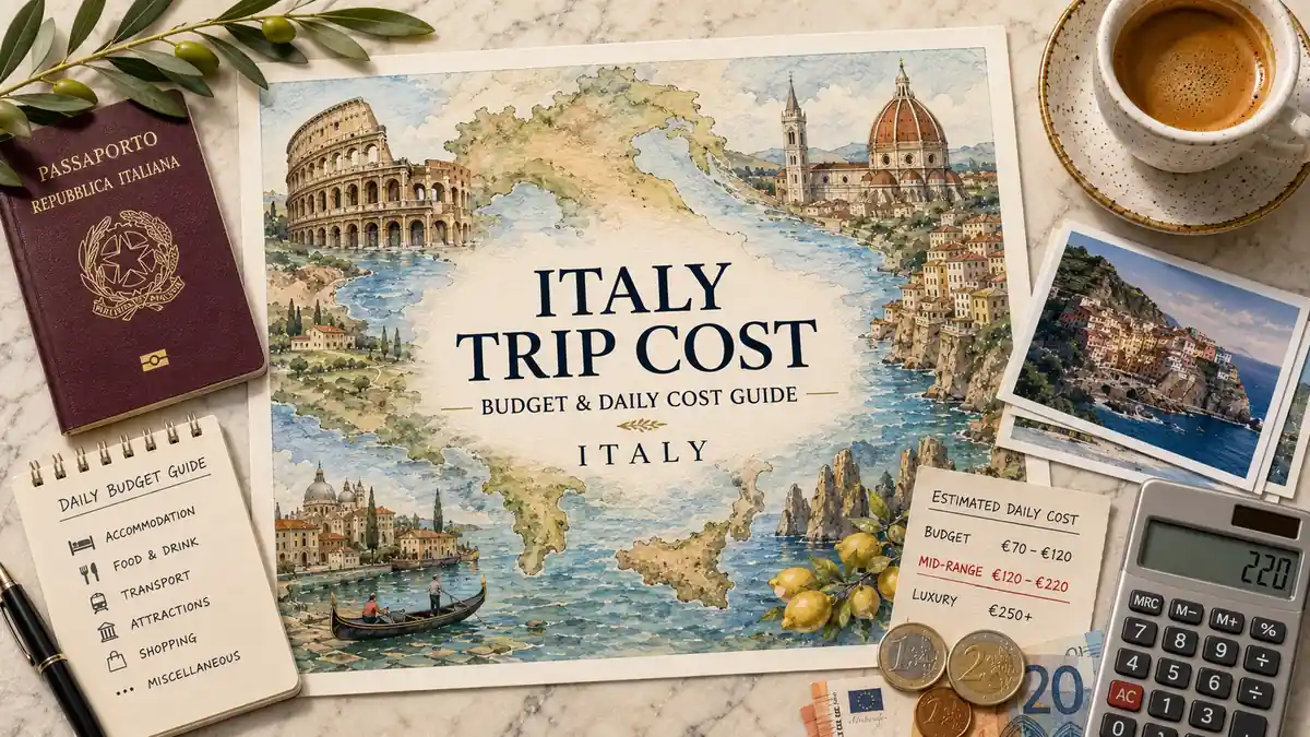 How Much Does a Trip to Italy Cost? 2 Flat lay Italy trip cost map poster with passport, espresso, budget notes, coins, and calculator.