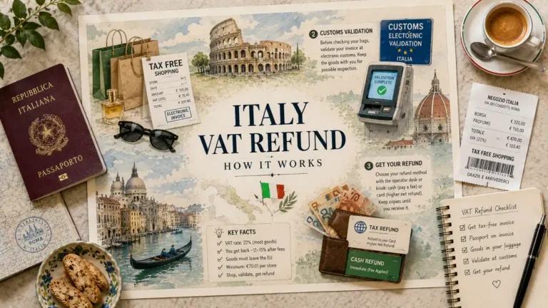 VAT Refund in Italy: How Tax-Free Shopping Works 2 Illustrated Italy VAT refund guide with a customs validation kiosk, tax-free receipt, shopping bags, passport, euro notes, espresso, notebook, and Italian landmarks.