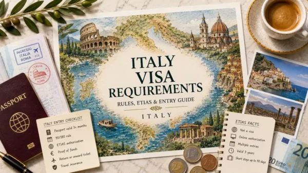 Italy Visa Requirements: ETIAS & Entry Rules 9 Flat lay Italy visa requirements map poster with passport, ETIAS notes, entry checklist, coins, and espresso.