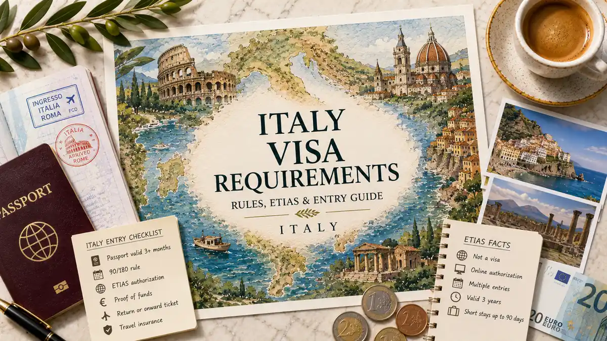Italy Visa Requirements: ETIAS & Entry Rules 2 Flat lay Italy visa requirements map poster with passport, ETIAS notes, entry checklist, coins, and espresso.