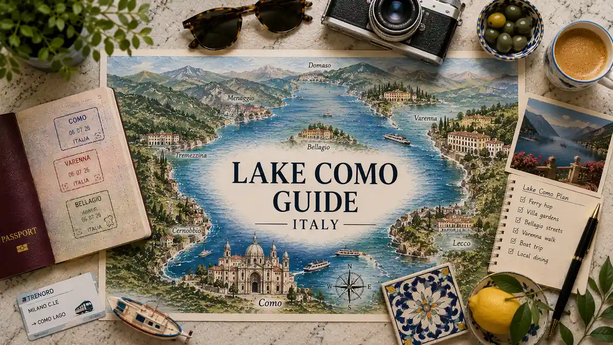 Lake Como Travel Guide: How to Plan Your Visit 2 Flat lay travel map of Lake Como with passport, ferries, villa gardens, train ticket, coffee, olives, and lake planning notes.