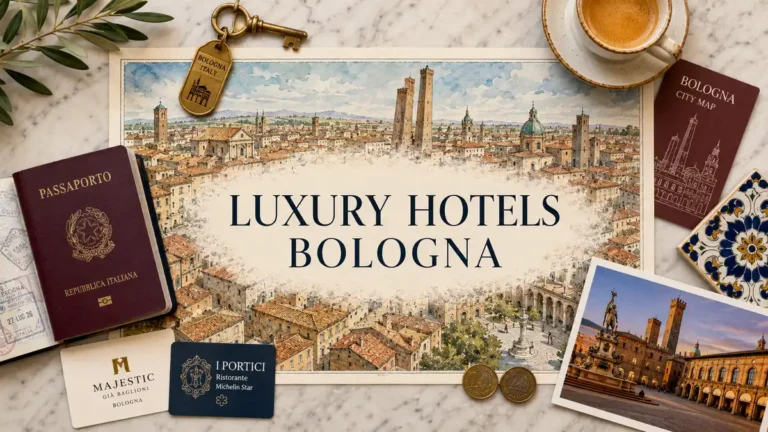 Overhead Bologna luxury hotel flat lay with an illustrated city map, passport, room key, espresso, ceramic tile, coins, and Piazza Maggiore postcard.