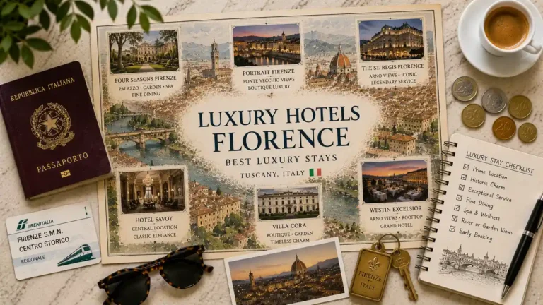 Overhead Florence luxury-hotel flat lay with an illustrated city map, hotel comparison cards, passport, train card, espresso, coins, sunglasses, key, and notebook.