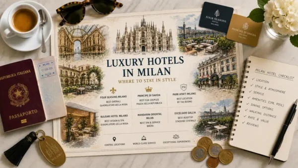 Overhead Milan luxury hotel flat lay with an illustrated city guide, passport, espresso, sunglasses, hotel key tag, notebook, flowers, and euro coins.