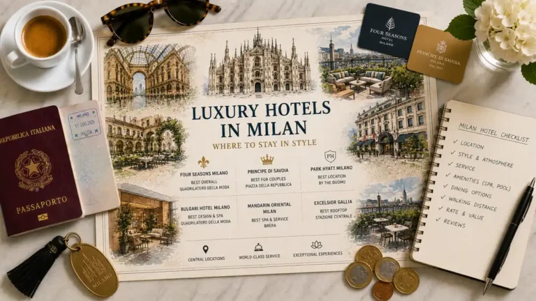 Overhead Milan luxury hotel flat lay with an illustrated city guide, passport, espresso, sunglasses, hotel key tag, notebook, flowers, and euro coins.