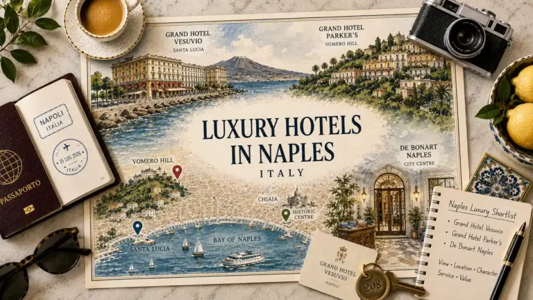 Overhead luxury Naples hotel flat lay with an illustrated Bay of Naples map, passport, room key, espresso, lemons, sunglasses, and notebook.