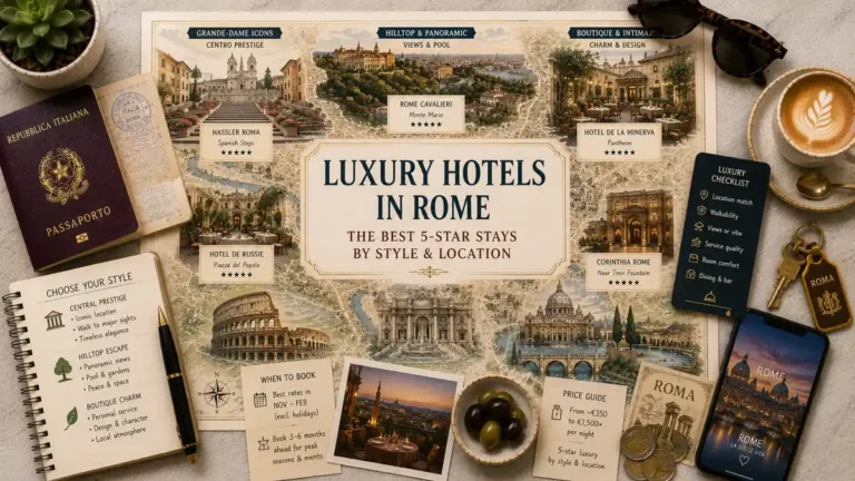 Overhead Rome luxury hotel map flat lay with a passport, coffee, hotel key, notebook, checklist, coins, olives, postcards, and landmark-based hotel styles.