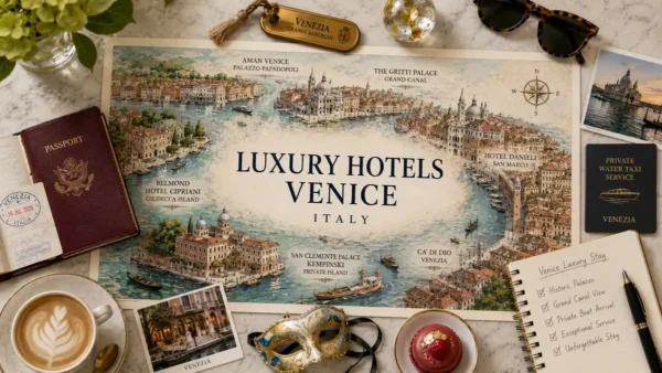 Flat-lay Venice luxury hotels map with passport, brass room key, Murano glass, coffee, mask, and stay-planning notebook.