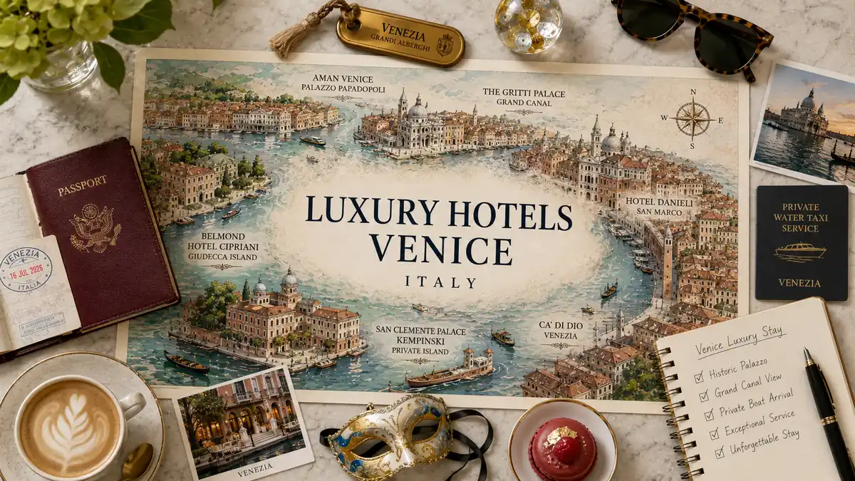 Flat-lay Venice luxury hotels map with passport, brass room key, Murano glass, coffee, mask, and stay-planning notebook.