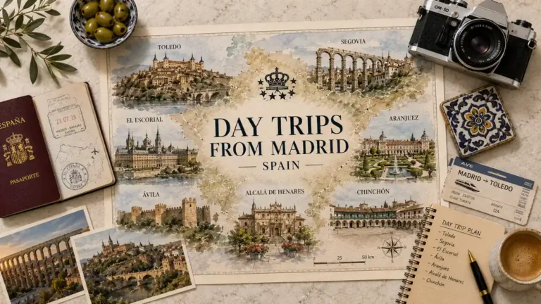 Overhead travel flat lay with a Madrid day-trips map, passport, train ticket, Toledo and Segovia postcards, notebook, ceramic tile, olives, and coffee.