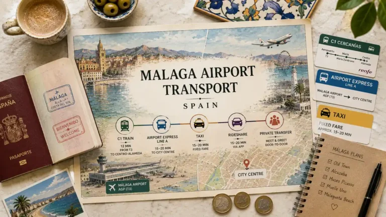 Top-down Málaga travel flat lay with an airport-to-city transport map, passport, train and bus cards, taxi card, coffee, olives, and a planning notebook.