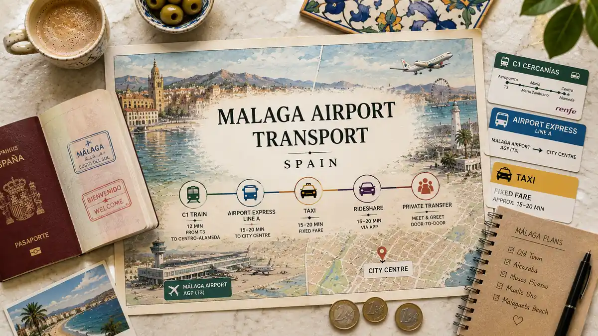 Malaga Airport Transport 2 Top-down Málaga travel flat lay with an airport-to-city transport map, passport, train and bus cards, taxi card, coffee, olives, and a planning notebook.
