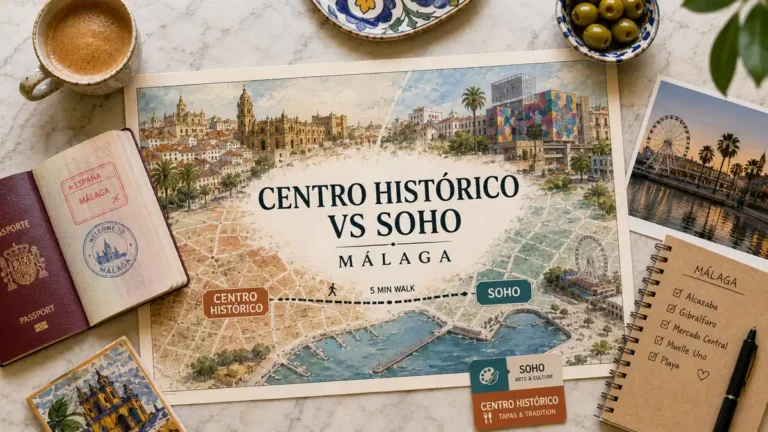 Top-down Málaga travel flat lay comparing Centro Histórico and Soho with an illustrated neighbourhood map, passport, coffee, local ceramics, and planning notes.