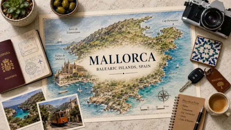 Overhead travel flat lay with an illustrated Mallorca map, passport, coastal postcards, car key, ceramic tile, notebook, olives, and coffee.