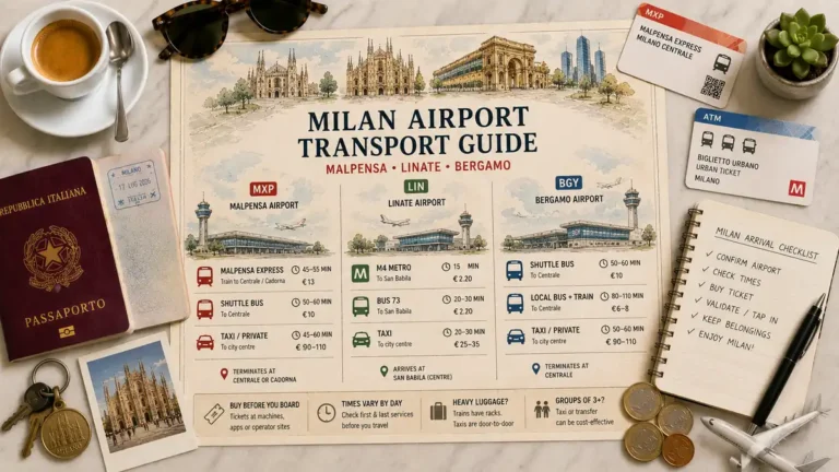 Overhead Milan airport transport flat lay with an illustrated transfer guide, passport, tickets, espresso, notebook, coins, and model airplane.