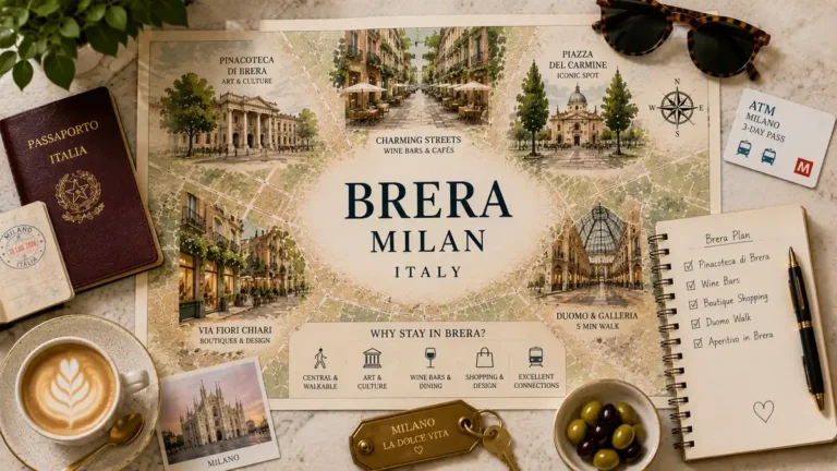 Flat-lay illustrated map of Brera in Milan with a passport, coffee, metro card, room key, olives, Duomo postcard, and planning notebook.