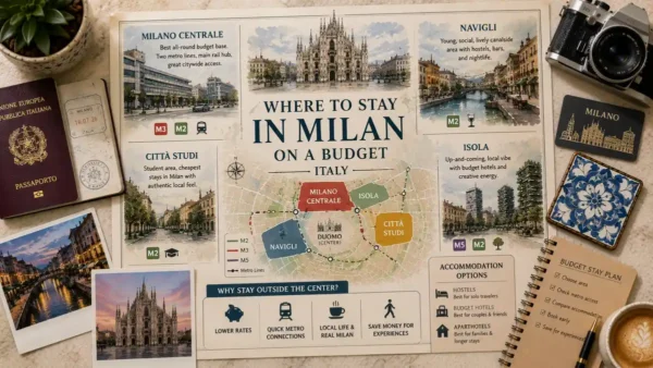 Overhead travel flat lay with an illustrated Milan budget-area guide, passport, Navigli and Duomo postcards, notebook, ceramic tile, room card, and coffee.