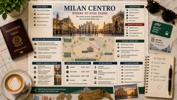 Milan: Centro Guide 11 Flat-lay Milan Centro stay guide with Duomo map, passport, coffee, metro cards, euro notes, room key, sunglasses, and planning notebook.