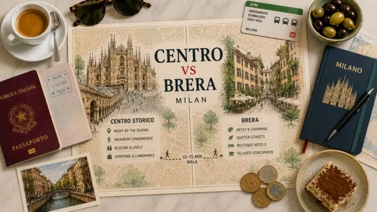 Overhead Milan comparison flat lay with a split Centro Storico and Brera map, passport, espresso, travel pass, notebook, olives, coins, and tiramisu.