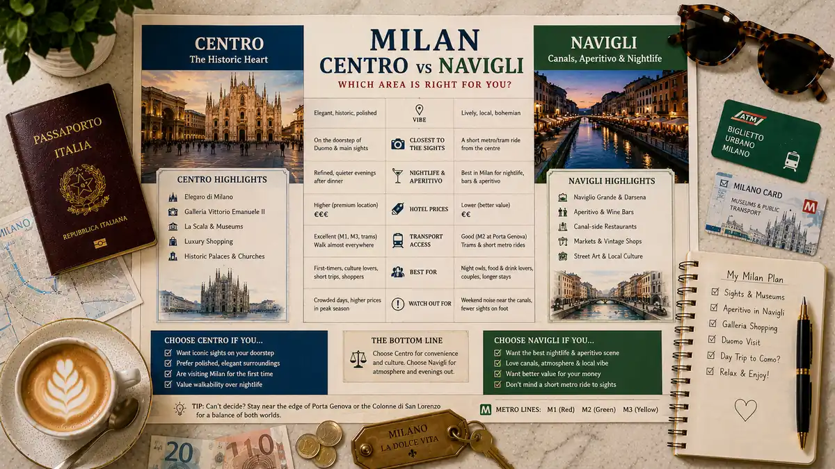 Flat-lay Milan comparison guide showing Centro and Navigli with a passport, coffee, metro cards, euro notes, room key, sunglasses, and a planning notebook.