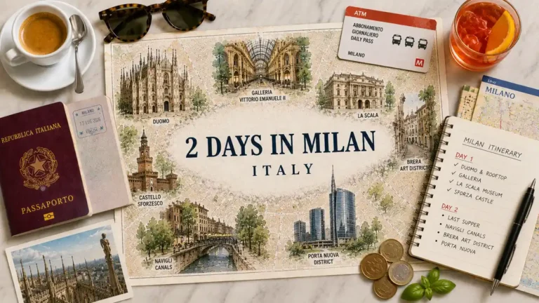Overhead Milan itinerary flat lay with an illustrated city map, passport, espresso, aperitivo, travel pass, notebook, euro coins, and landmark route.