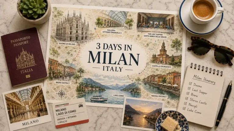 Overhead Milan travel flat lay with an illustrated 3-day itinerary map, passport, espresso, Lake Como ticket, notebook and city postcards.