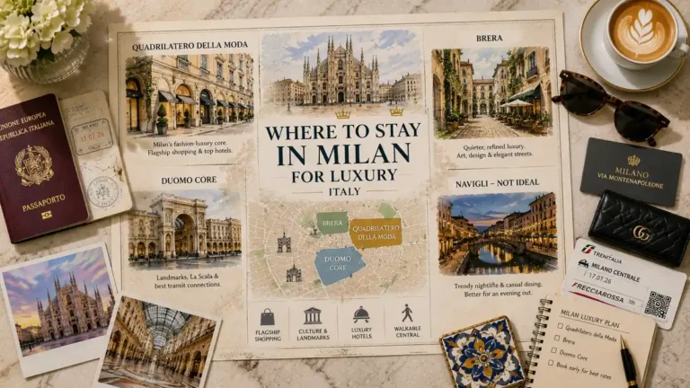Overhead travel flat lay with a Milan luxury-area guide, Duomo and Brera postcards, passport, room card, notebook, ceramic tile, sunglasses, and coffee.