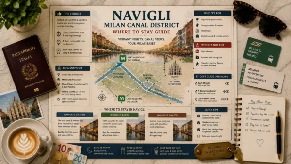 Milan: Navigli Guide 12 Flat-lay Navigli stay guide with canal map, passport, coffee, metro cards, euro notes, room key, sunglasses, and a Milan planning notebook.