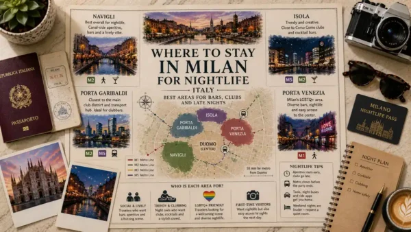 Overhead travel flat lay with an illustrated Milan nightlife-area guide, passport, Navigli and Duomo postcards, notebook, room card, sunglasses, and coffee.