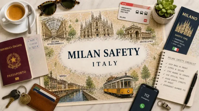 Overhead Milan safety flat lay with an illustrated city map, passport, yellow tram, safety checklist, phone, wallet, keys, and espresso.
