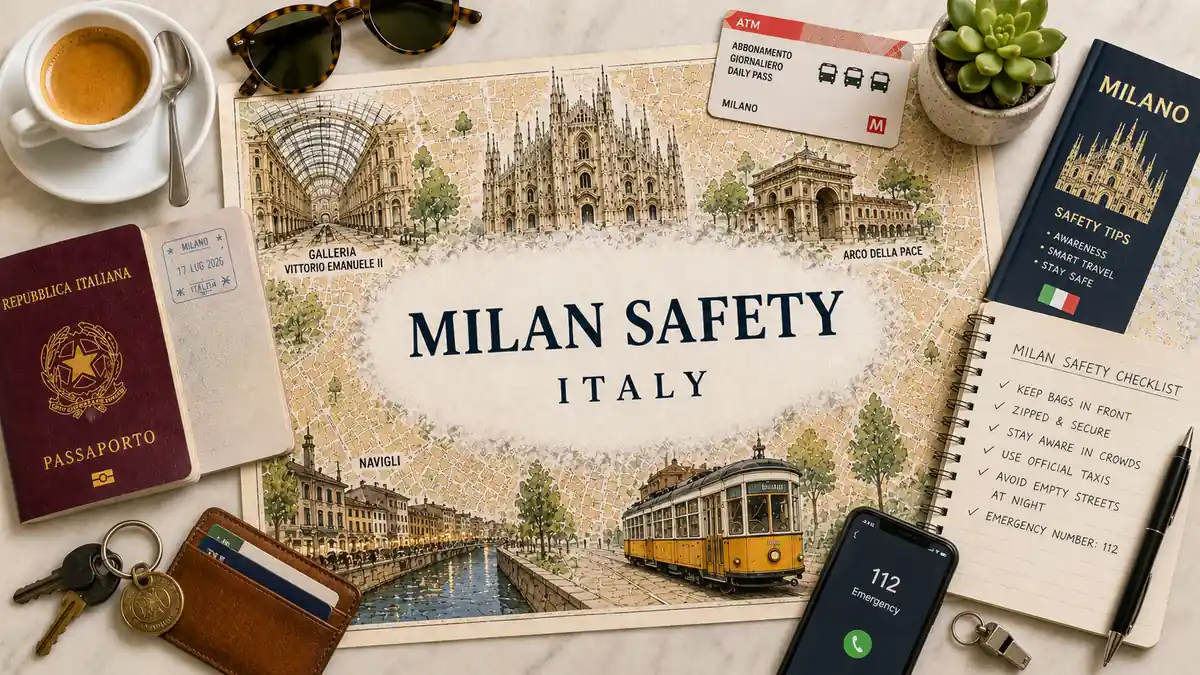 Is Milan Safe? What Travellers Need to Know 2 Overhead Milan safety flat lay with an illustrated city map, passport, yellow tram, safety checklist, phone, wallet, keys, and espresso.