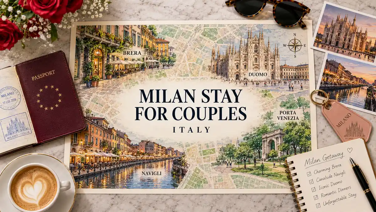 Where to Stay in Milan for Couples 2 Flat-lay Milan map highlighting Brera, Navigli, the Duomo, and Porta Venezia with a passport, coffee, postcards, room key, and trip notebook.