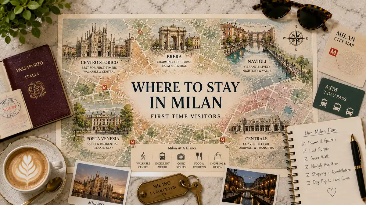 Flat-lay Milan neighborhood map highlighting Centro Storico, Brera, Navigli, Porta Venezia, and Centrale with a passport, coffee, postcards, key, and trip notebook.